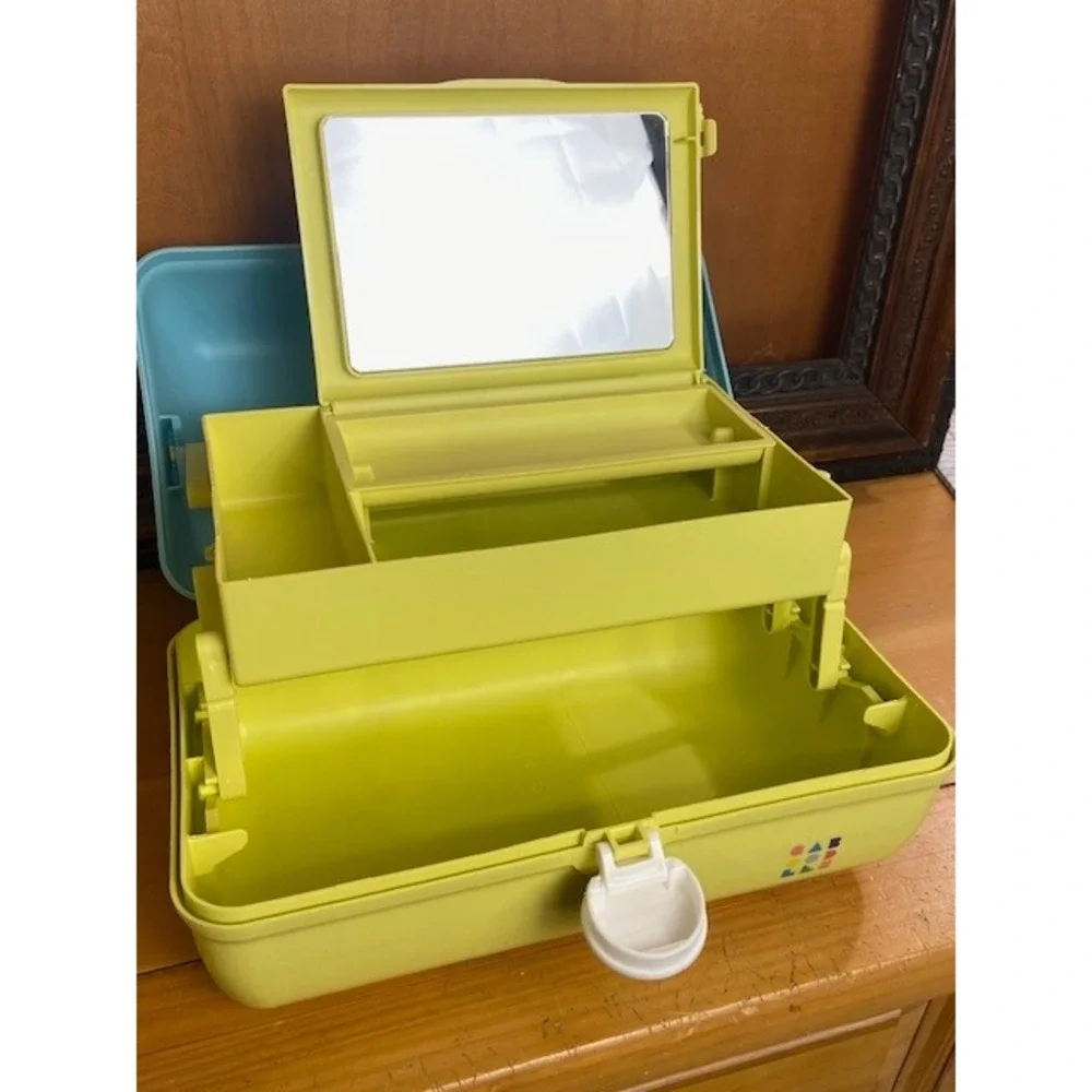 Vintage Caboodles Makeup Organizer Case Blue Yellow Two Tone Mirror 90s Retro